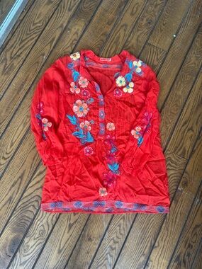 Johnny Was Red Embroidered Floral Tunic Top